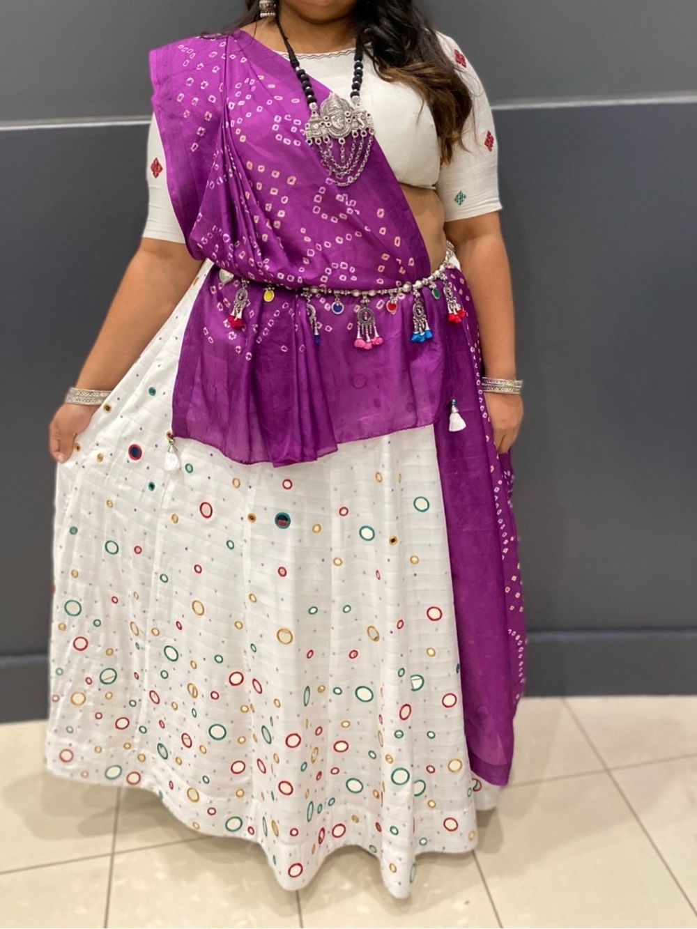 Purple and White Ethnic Skirt Set with Tassel Accents